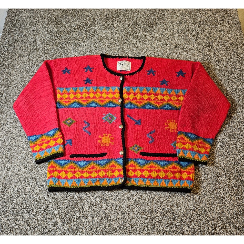 Planet Earth Cardigan Celestial Sweater Women XL Red Wool Hand Knit Folk Artisan